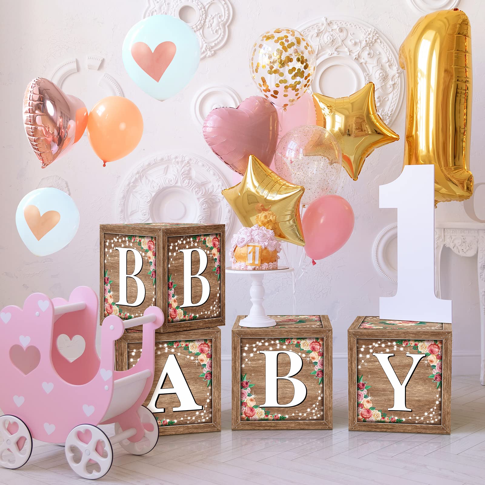 Floral Baby Shower Box Birthday Party Decoration Balloon Blocks First Birthday Centerpiece Decor for Girls Wood Grain Base Gender Reveal Party Supplies (Floral-Box-01)…