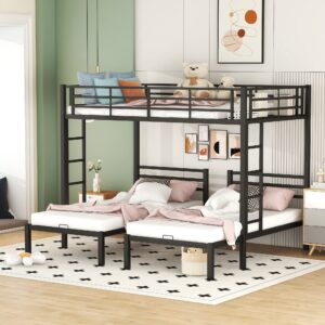 bellemave triple bunk beds full over two twin bed metal l-shape3 frame with storage shelf for three kids boys girls, black