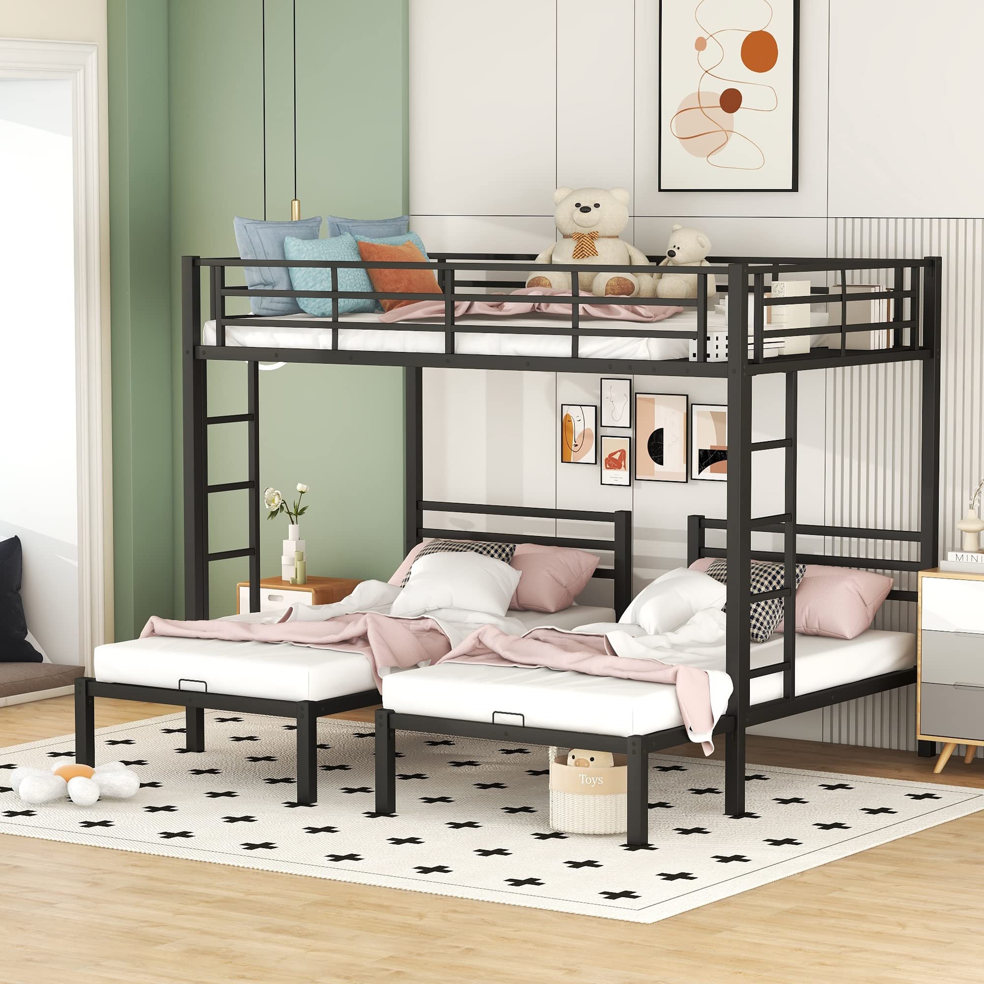 Bellemave Triple Bunk Beds Full Over Two Twin Bed Metal L-Shape3 Frame with Storage Shelf for Three Kids Boys Girls, Black