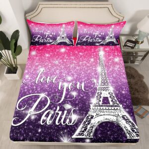 Paris Fitted Sheet Queen Size Kids Eiffel Tower Bed Sheet Sparkle Starry Sky Galaxy Sheet Sets For Boys Girls Teens Bedroom Decor, Romantic French Theme Flat Sheet 4Pcs With 2 Pillow Cases, Purple