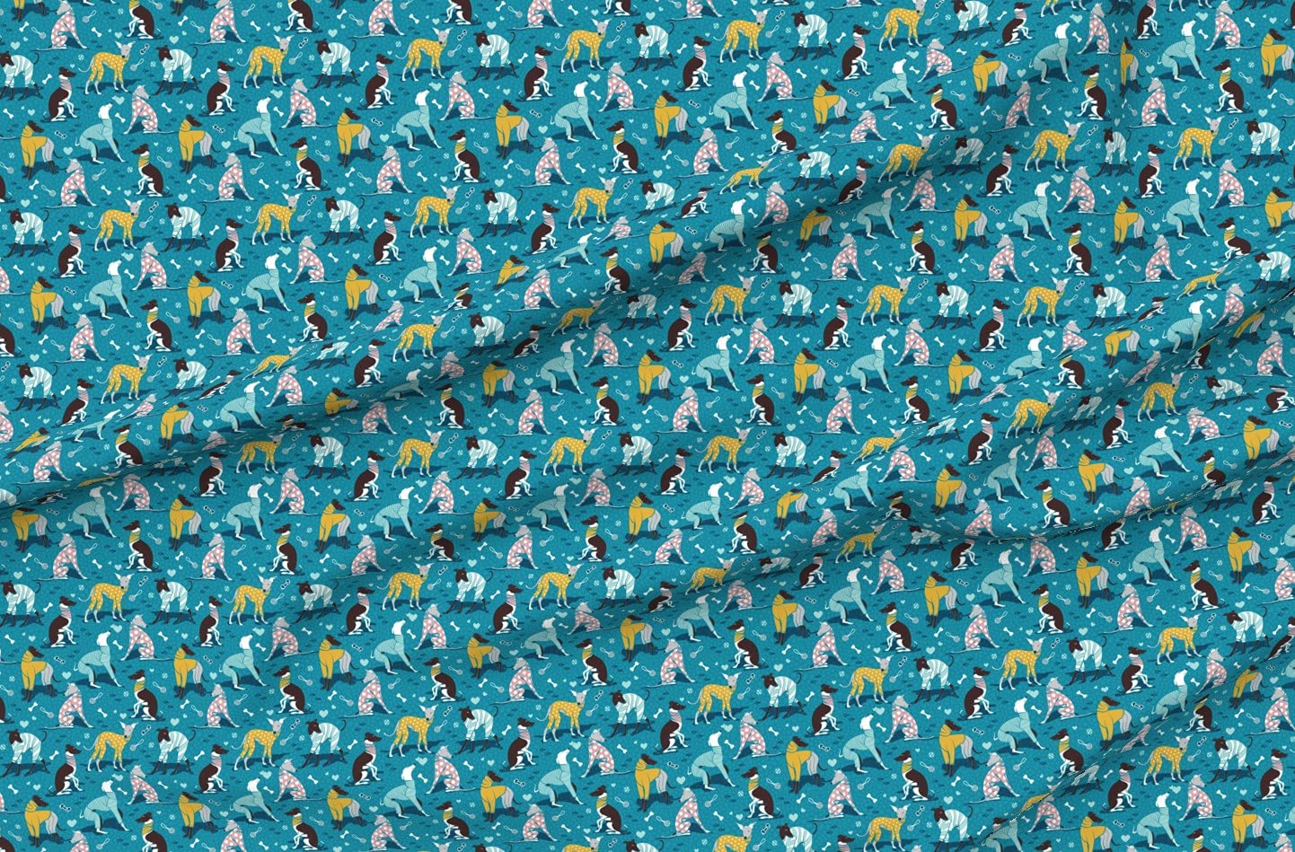 Spoonflower Fabric - Small Scale Greyhounds Turquoise Greyhound Dogs Breeds Hound Printed on Petal Signature Cotton Fabric by The Yard - Sewing Quilting Apparel Crafts Decor