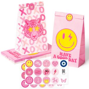 aellasnervalt 26pcs preppy party favor bag with stickers y2k hot pink smile face tiger goodie bags paper treat bag candy gift bags supplies for teen girls birthday bachelorette early 2000s theme party