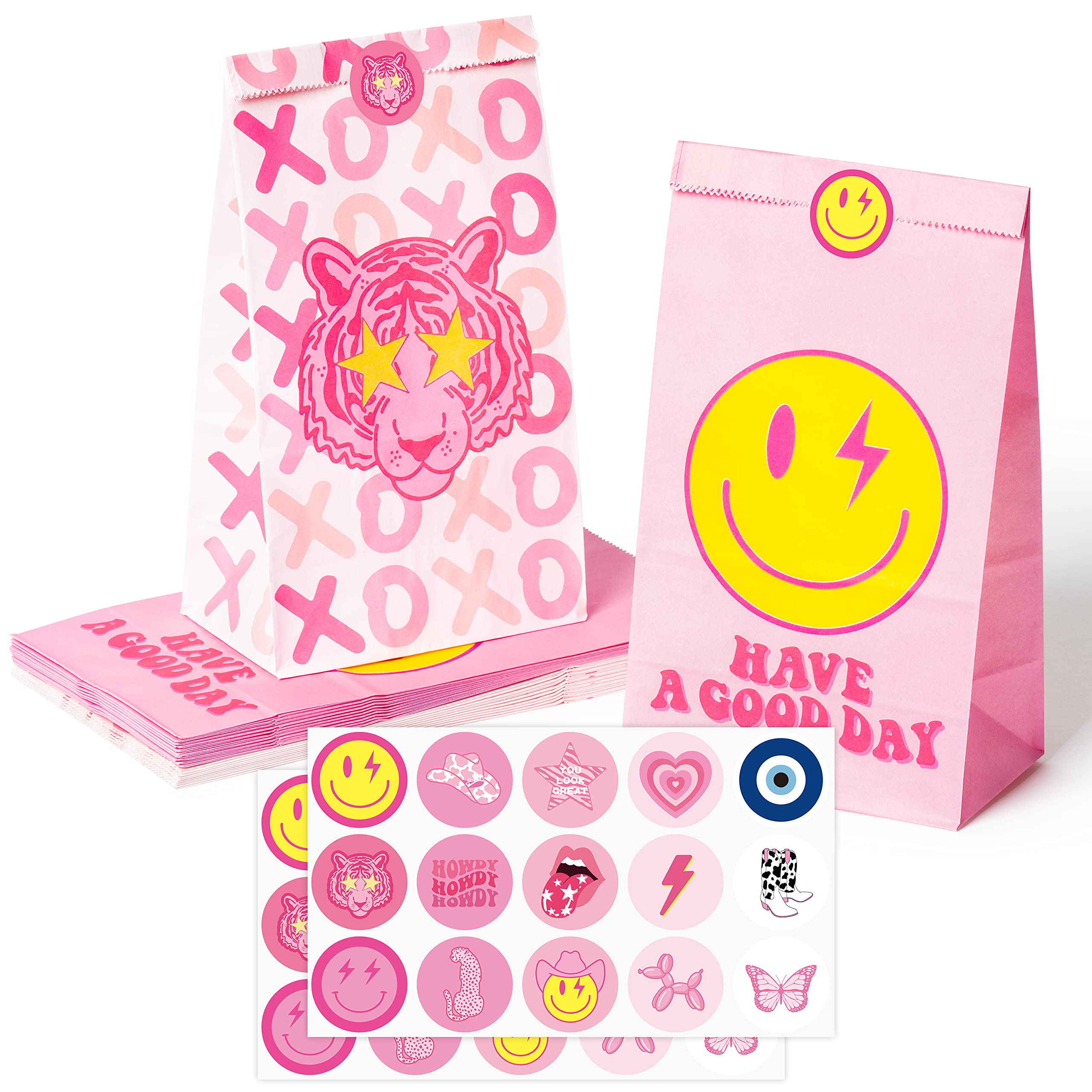 AellasNervalt 26Pcs Preppy Party Favor Bag with Stickers Y2k Hot Pink Smile Face Tiger Goodie Bags Paper Treat Bag Candy Gift Bags Supplies for Teen Girls Birthday Bachelorette Early 2000s Theme Party