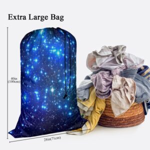 Swono Galaxy Night Drawstring Closure Dirty Clothes Bag Organizer, Heavy Duty Large Laundry Bag, Stars Blue Magical Universe Outer Space Nebula Constellation Rip-Stop Bags for Camp Travel