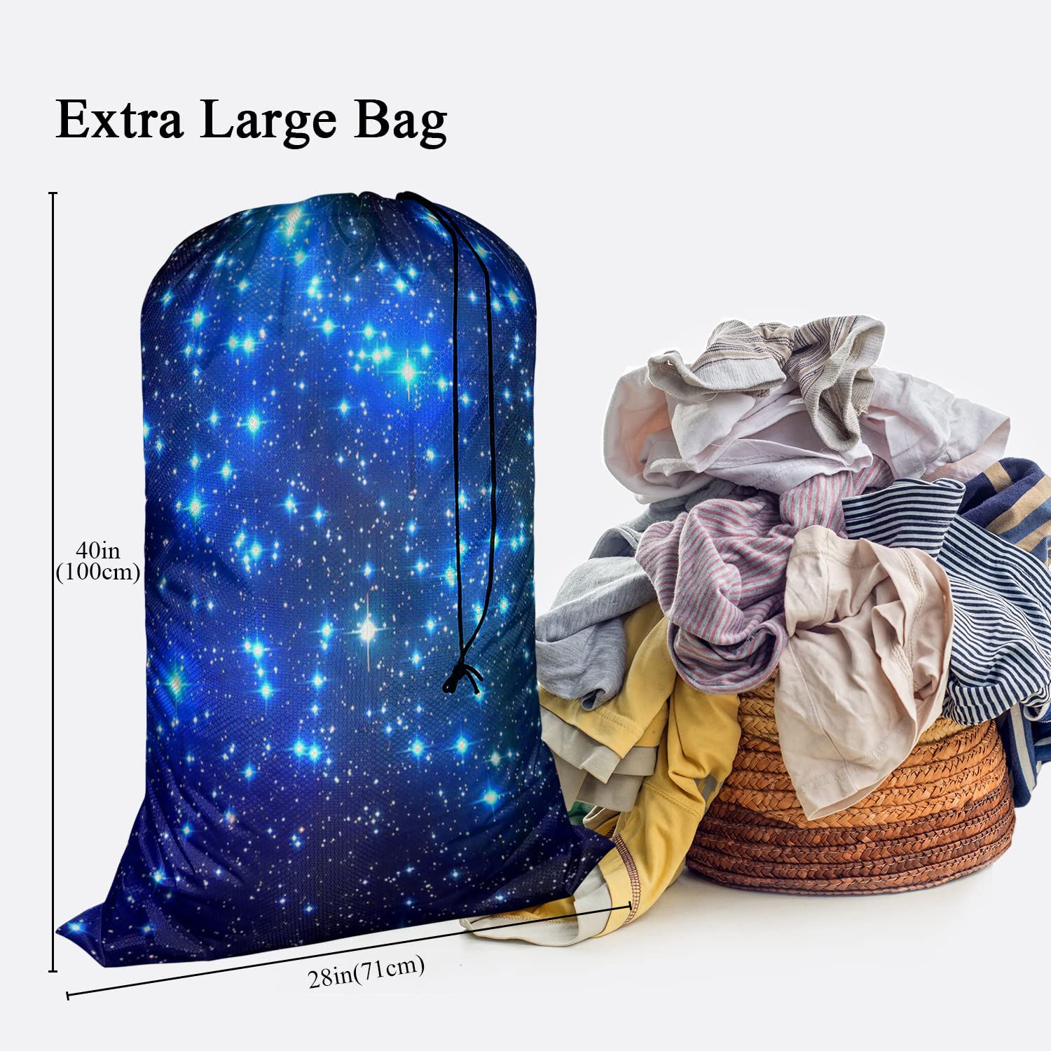 Swono Galaxy Night Drawstring Closure Dirty Clothes Bag Organizer, Heavy Duty Large Laundry Bag, Stars Blue Magical Universe Outer Space Nebula Constellation Rip-Stop Bags for Camp Travel