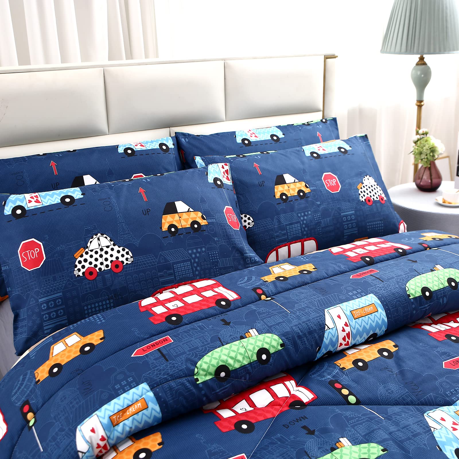 MAG 3Pcs Cartoon Car Bedding Comforter Set, Blue Cute Base Twin Comforter Set,for Toddlers Kids,Boys Teens and Girls,Super Soft Microfiber, Twin Size