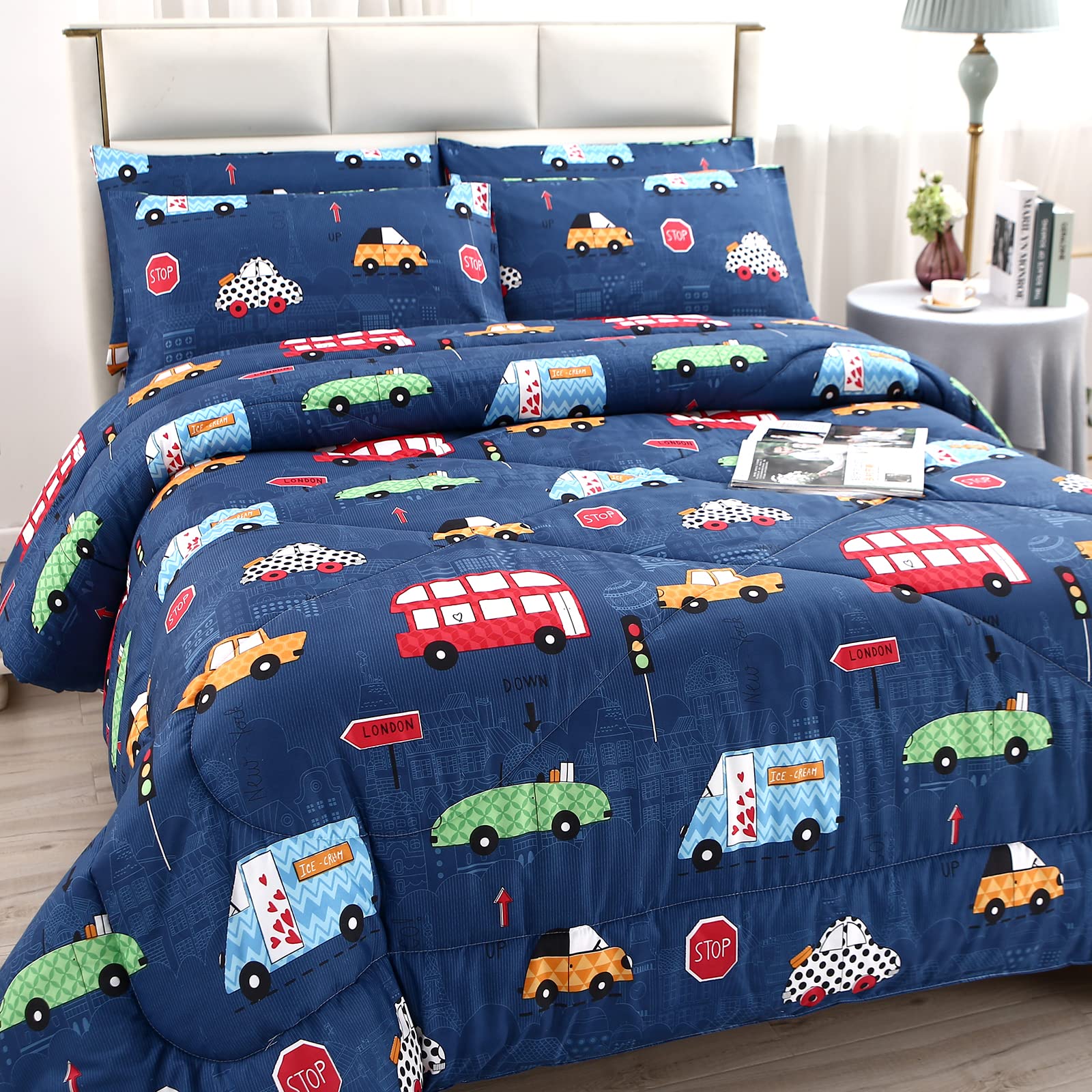 MAG 3Pcs Cartoon Car Bedding Comforter Set, Blue Cute Base Twin Comforter Set,for Toddlers Kids,Boys Teens and Girls,Super Soft Microfiber, Twin Size