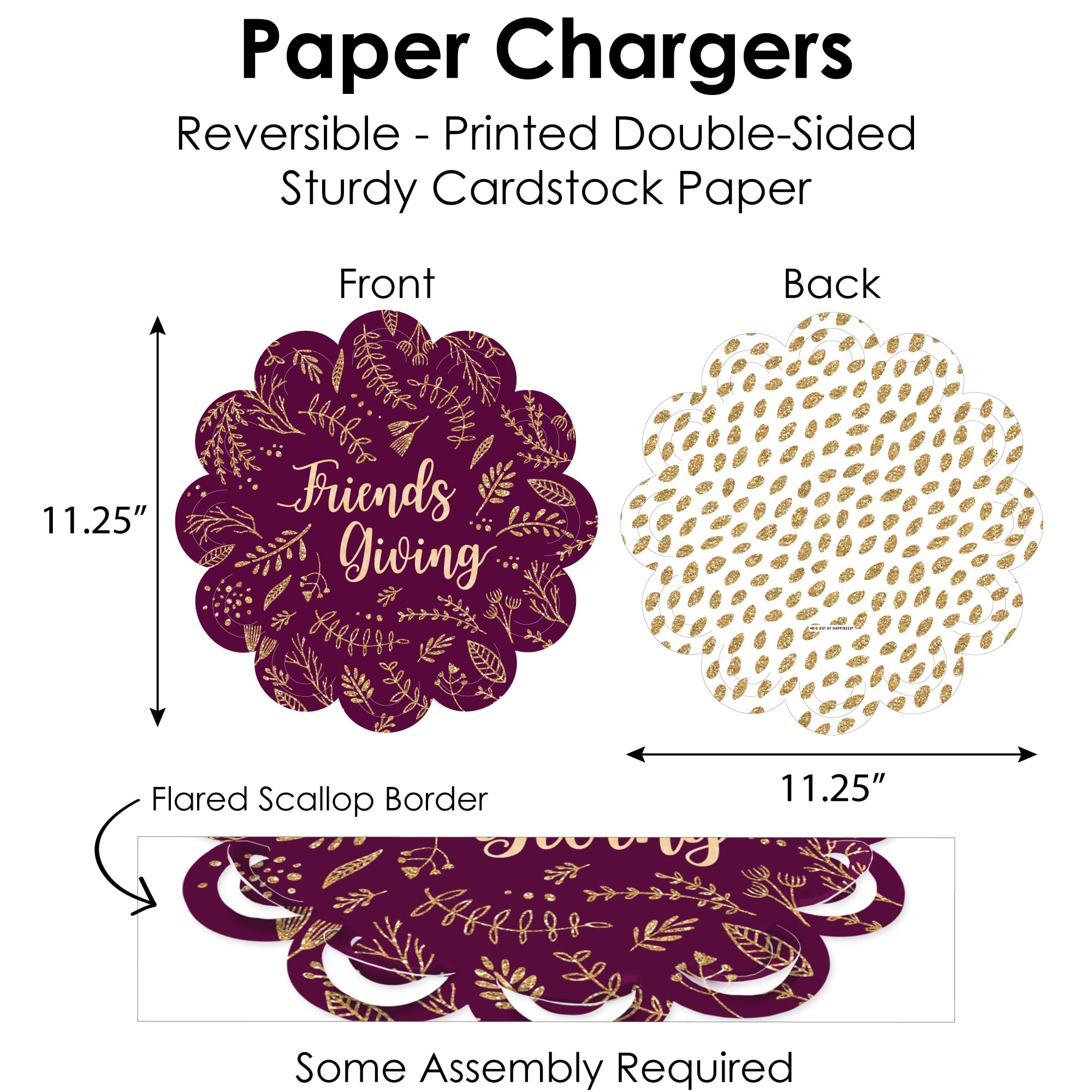 Big Dot of Happiness Elegant Thankful for Friends - Friendsgiving Thanksgiving Party Paper Charger and Table Decorations - Chargerific Kit - Place Setting for 8