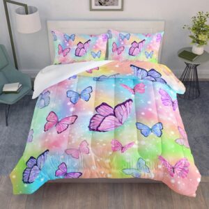 datura home bedding comforter set rainbow watercolor printed pattern quilt bedding set with 1 comforter and 2 pillowcases for girls bedroom all season(butterfly watercolor twin)