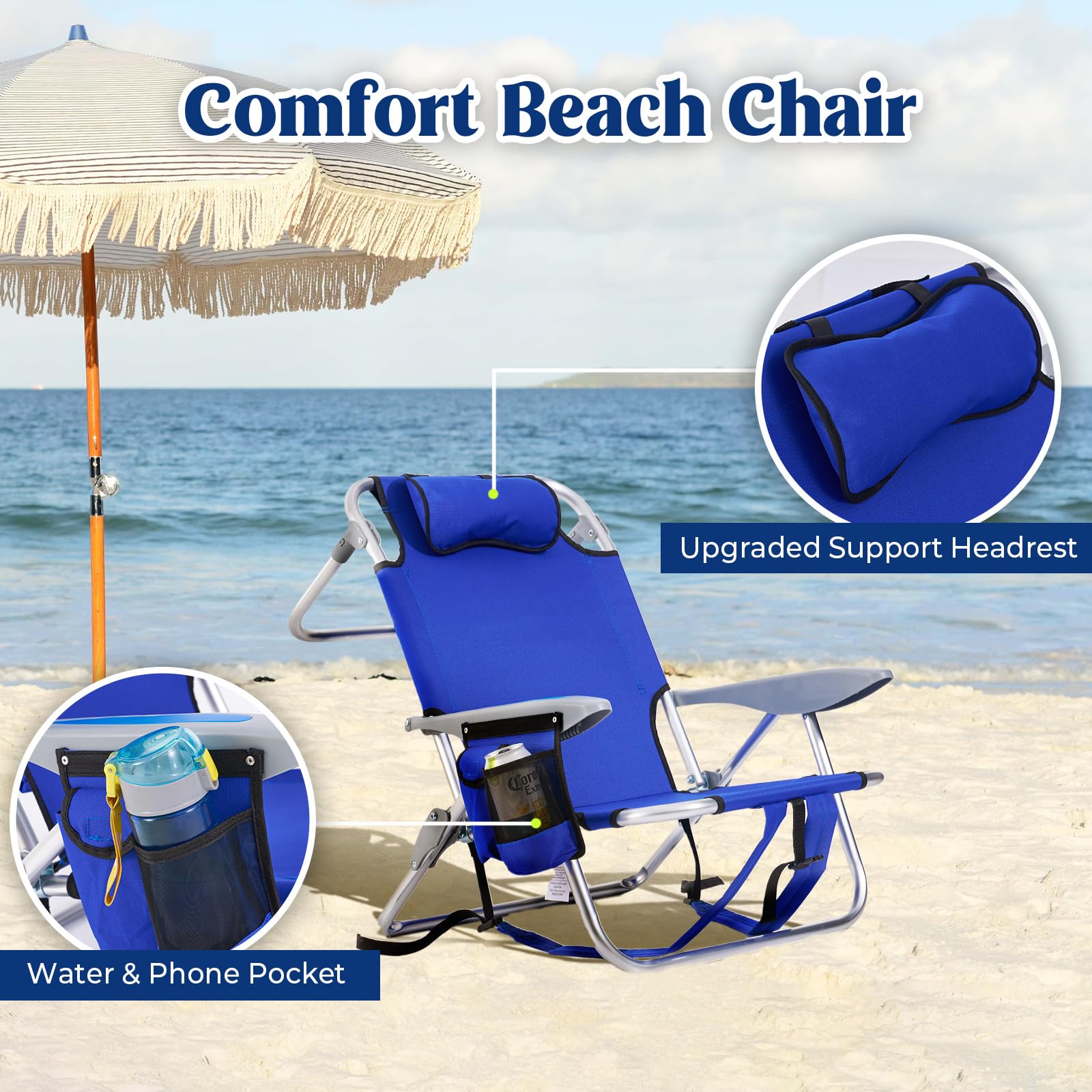 Canpsky Portable Beach Chair for Adults, Outdoor Lightweight Camping Chair Lay Flat Folding Backpack Beach Reclining Chair with 4 Positions, Headrest, Cooler Pouch, Cup Holder, New Striped