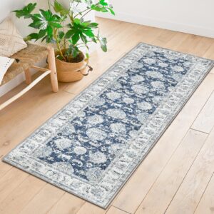 collact runner rug 2x5 - hallway runner rug washable rug floral print kitchen rug vintage distressed dark blue rug non slip thin rug retro farmhouse rug for bedroom bathroom laundry room doorway