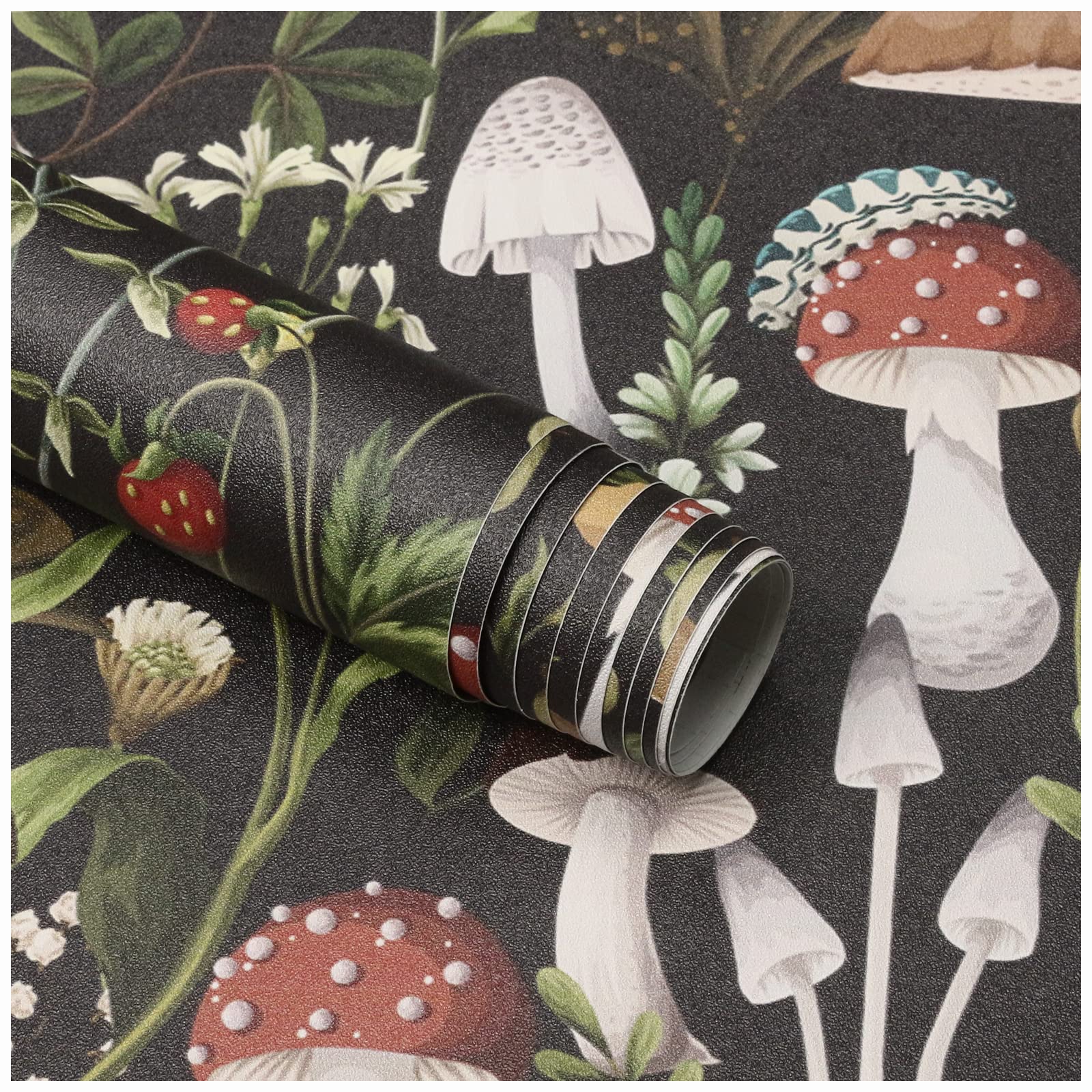 HAOKHOME Peel and Stick Wallpaper Boho Mushroom Removable Stick on Forest Contact Paper for Bathroom Black/Brown/Green 17.7in x 9.8ft