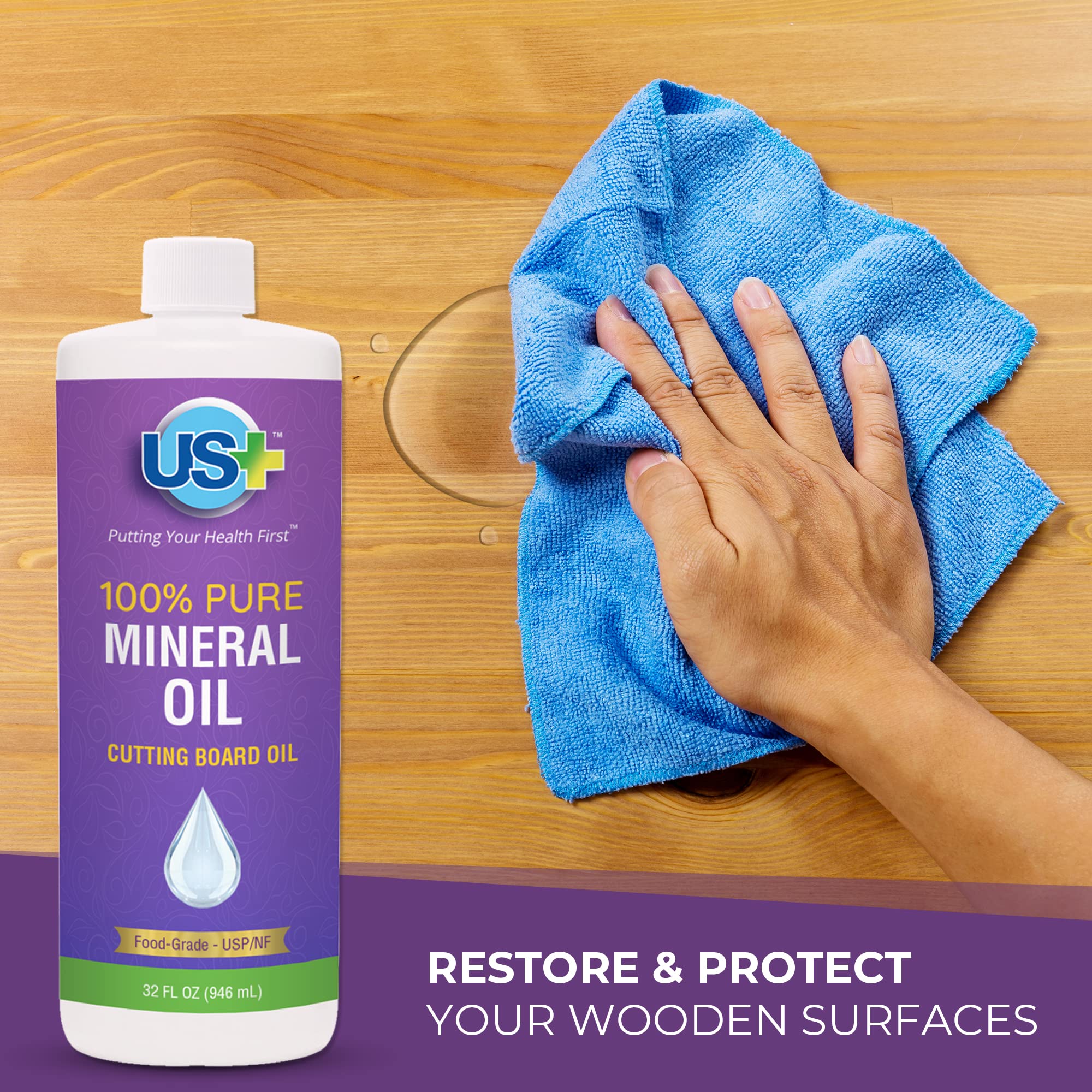 US+ 32oz 100% Pure Mineral Oil - Cutting Board Oil - Food-Grade - USP - Restores & Protects Cutting Boards, Butcher Blocks, Countertops, Steel Surfaces & More