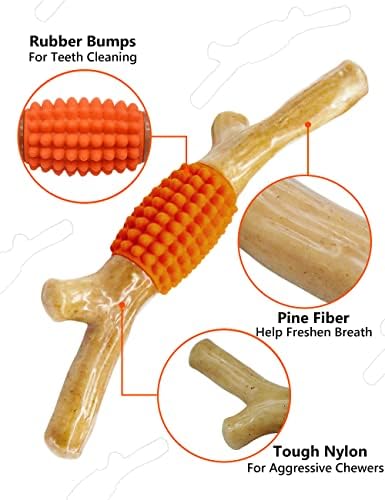 SCHITEC Dog Chew Toy for Aggressive Chewers, Tough Big Nylon & Rubber Teething Stick with Real Bacon Maple Wood Flavor for Large Medium Breed