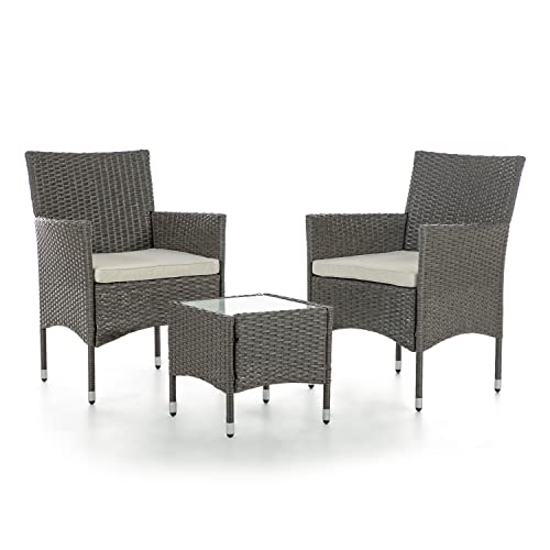 Muse & Lounge Co. Mobler 3-Piece Outdoor Wicker Conversation Bistro Set, Space Saving Patio Furniture for Garden, Poolside, Yard, Gray