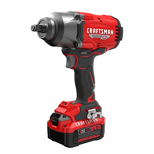 CRAFTSMAN V20 RP Impact Wrench, Cordless, Brushless, High Torque, 1/2 Inch, 4Ah Battery and Charger Included (CMCF940M1)