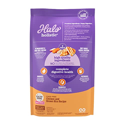 Halo Holistic Dog Food, Complete Digestive Health Cage-Free Chicken and Brown Rice Recipe, Dry Dog Food Bag, Small Breed Formula, 3.5-lb Bag