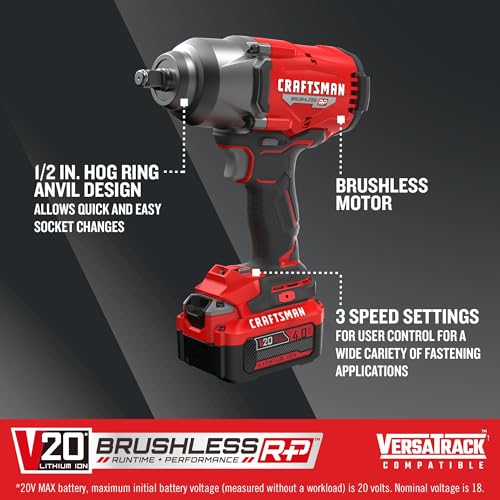 CRAFTSMAN V20 RP Impact Wrench, Cordless, Brushless, High Torque, 1/2 Inch, 4Ah Battery and Charger Included (CMCF940M1)