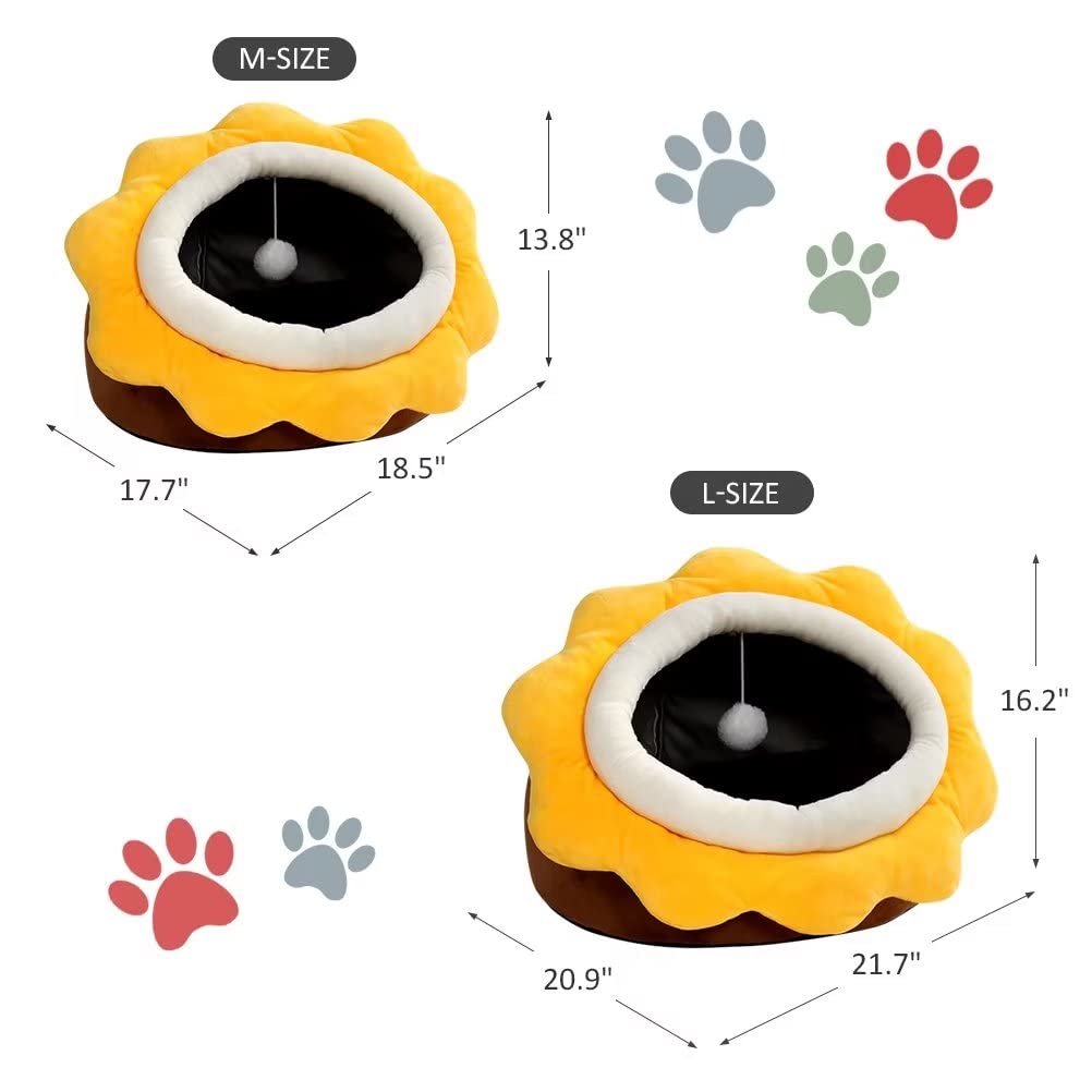 Cat Beds for Indoor Cats - Small Cat Bed with Anti-Slip Bottom, Sunflower-Shaped Cat/Dog Cave with Hanging Toy, Puppy Bed with Removable Cotton Pad, Super Soft Calming, Multiple Sizes(brownM)