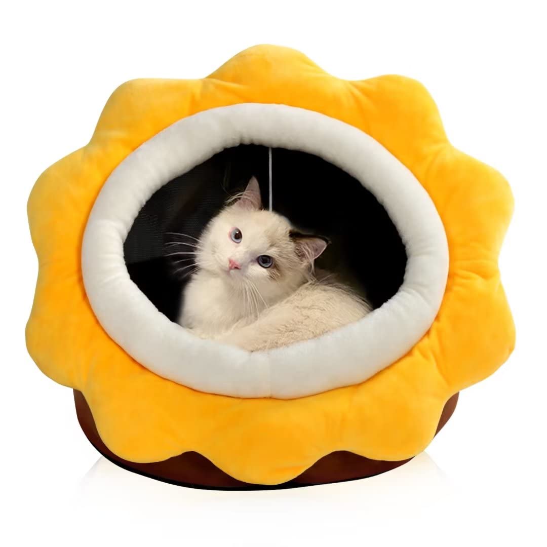 Cat Beds for Indoor Cats - Small Cat Bed with Anti-Slip Bottom, Sunflower-Shaped Cat/Dog Cave with Hanging Toy, Puppy Bed with Removable Cotton Pad, Super Soft Calming, Multiple Sizes(brownM)