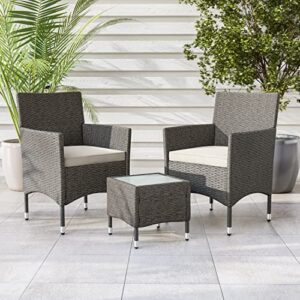 Muse & Lounge Co. Mobler 3-Piece Outdoor Wicker Conversation Bistro Set, Space Saving Patio Furniture for Garden, Poolside, Yard, Gray