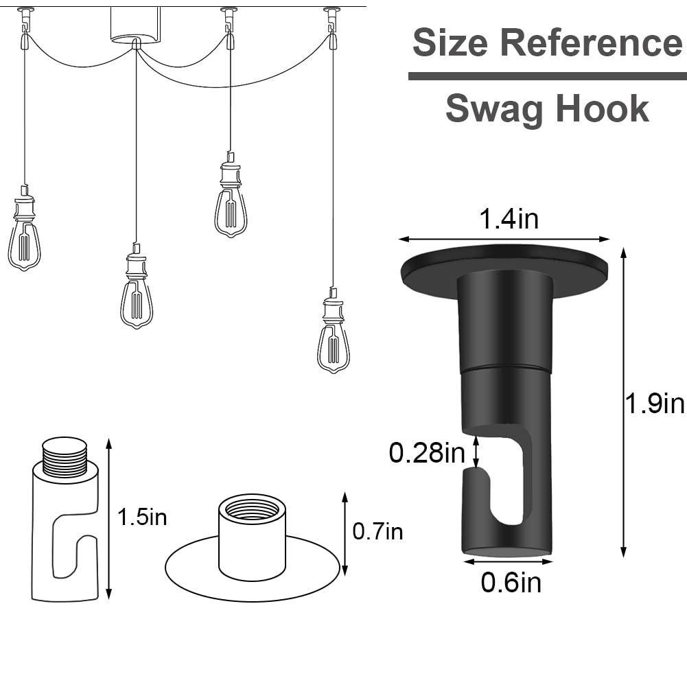 AKBFOX 6pcs Swag Hooks for Ceiling Hanging, Heavy Duty Hangers, Swag Lamp Hooks, Modern Swag Hooks for Chandelier, String light, Lanterns, Pendant Cable Lights Indoor Outdoor Use (Black)