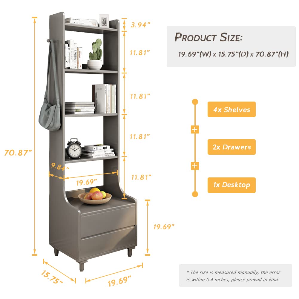 IOTXY Grey Bedside Table Bookshelf - 71" Tall Free Standing Wooden Open Shelf Bookcase with Drawers and 4-Shelves for Bedroom, Bed Side End Table, Nightstand