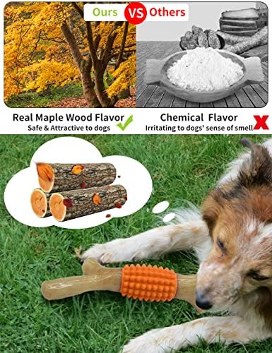 SCHITEC Dog Chew Toy for Aggressive Chewers, Tough Big Nylon & Rubber Teething Stick with Real Bacon Maple Wood Flavor for Large Medium Breed