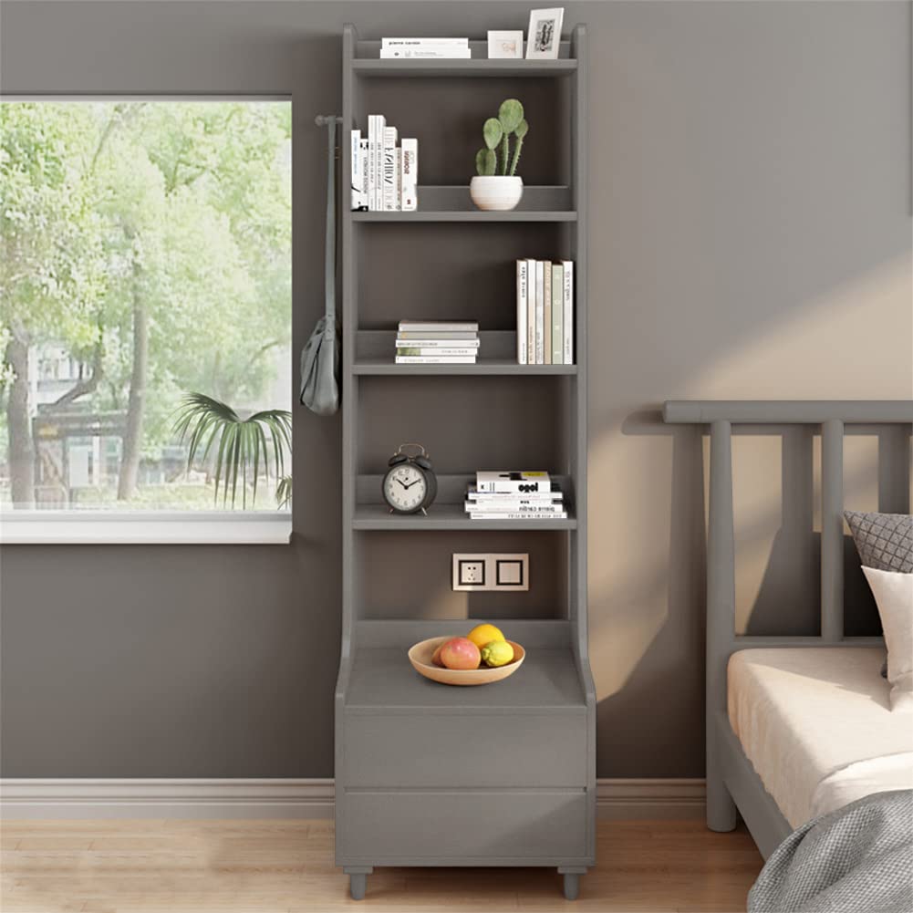 IOTXY Grey Bedside Table Bookshelf - 71" Tall Free Standing Wooden Open Shelf Bookcase with Drawers and 4-Shelves for Bedroom, Bed Side End Table, Nightstand