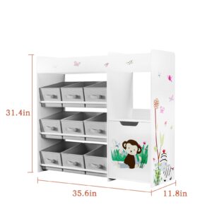 BOTLOG Kids Bookshelf, Toy Storage Organizer with Bookcase, Children's Toy Shelf with 9 Bins for Children's Room, Playroom, Hallway, Kindergarten, School White