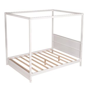 Queen Size Canopy Bed Frame, Solid Wood Queen Platform Bed with Headboard and Slat Support, Modern 4 Poster Panel Bed for Kids, Teens, Adults. No Box Spring Needed (Queen, White)