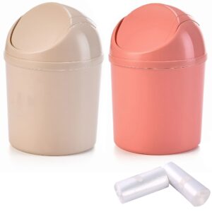 sheebo 2pcs mini trash can with swing lid wastebasket value packs with 100 counts mini trash bags for bathroom vanity, desktop, tabletop or coffee table - 2 liter (round cone - pink + beige)