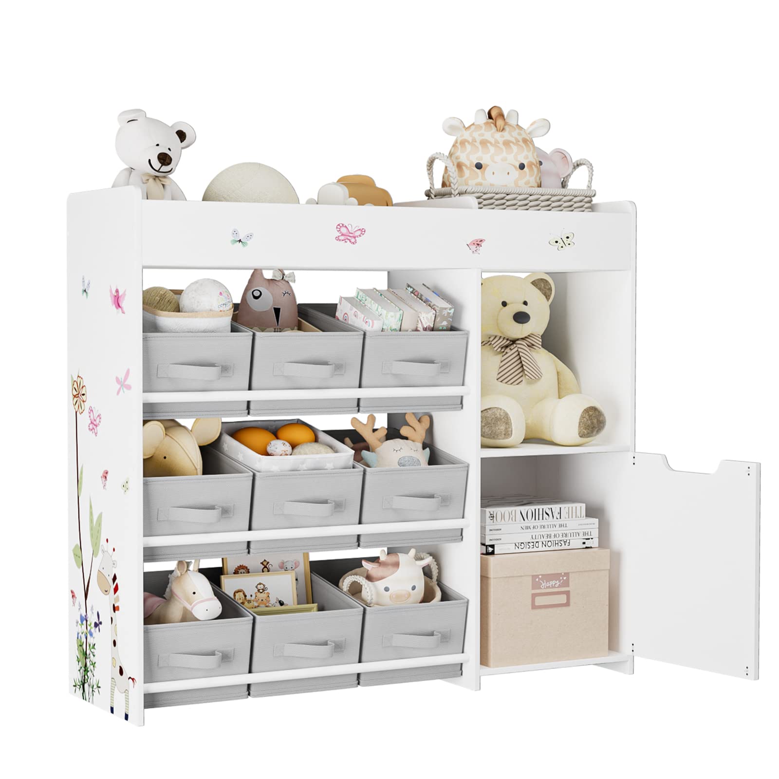 BOTLOG Kids Bookshelf, Toy Storage Organizer with Bookcase, Children's Toy Shelf with 9 Bins for Children's Room, Playroom, Hallway, Kindergarten, School White