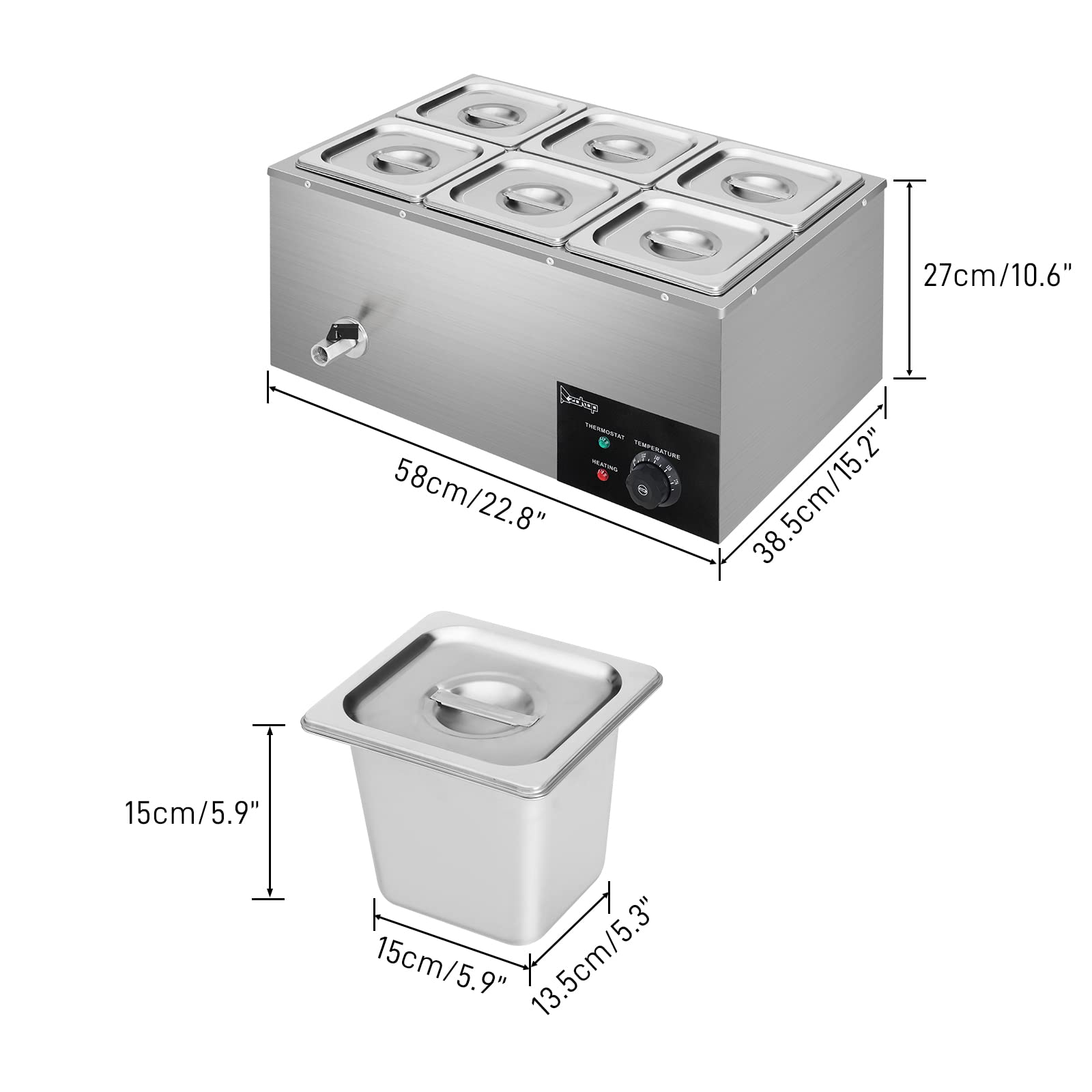 ROVSUN 21QT 6-Pan Electric Commercial Food Warmer, 110V Stainless Steel Bain Marie Buffet, 3.2 QT/Pan Stove Steam Table with Temperature Control & Lid for Parties, Catering, Restaurants