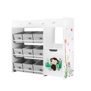 BOTLOG Kids Bookshelf, Toy Storage Organizer with Bookcase, Children's Toy Shelf with 9 Bins for Children's Room, Playroom, Hallway, Kindergarten, School White