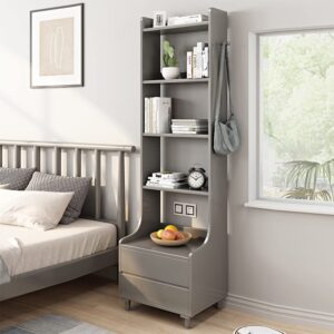 IOTXY Grey Bedside Table Bookshelf - 71" Tall Free Standing Wooden Open Shelf Bookcase with Drawers and 4-Shelves for Bedroom, Bed Side End Table, Nightstand