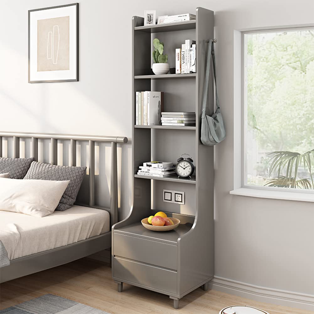 IOTXY Grey Bedside Table Bookshelf - 71" Tall Free Standing Wooden Open Shelf Bookcase with Drawers and 4-Shelves for Bedroom, Bed Side End Table, Nightstand