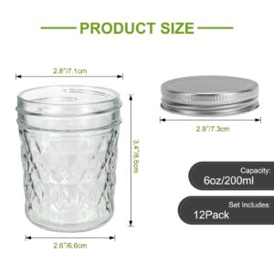 Small Mason Jars 6 oz with Airtight Silver Lids,12 Pack 200ml Glass Diamond Canning Jar,Wide Mouth Jam Jars for Jelly,Salad,Preserving,Fermenting,Wedding Favors(Labels and Chalk Marker Included)