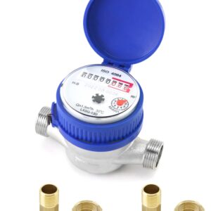 QWORK Water Meter, 1/2" NPT 304 Stainless Steel Cold Water Flow Meter with Pulse Output, for Garden and Home Use, Includes 2 pcs 1/2"NPT Thread Adapter