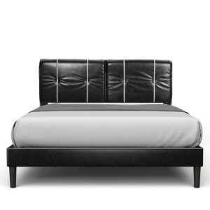 bonsoir queen size bed frame upholstered low profile modern platform bed with faux leather headboard/no box spring needed/no bed skirt needed/black faux leather (black)