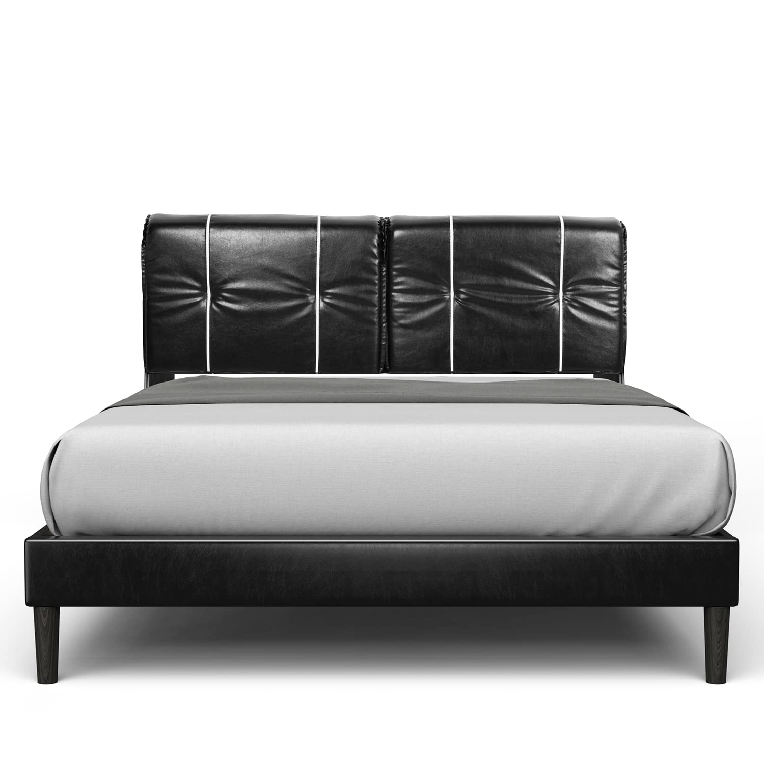 BONSOIR Queen Size Bed Frame Upholstered Low Profile Modern Platform Bed with Faux Leather Headboard/No Box Spring Needed/No Bed Skirt Needed/Black Faux Leather (Black)