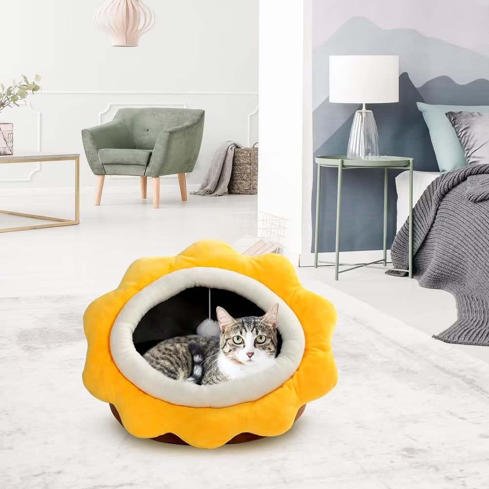 Cat Beds for Indoor Cats - Small Cat Bed with Anti-Slip Bottom, Sunflower-Shaped Cat/Dog Cave with Hanging Toy, Puppy Bed with Removable Cotton Pad, Super Soft Calming, Multiple Sizes(brownM)