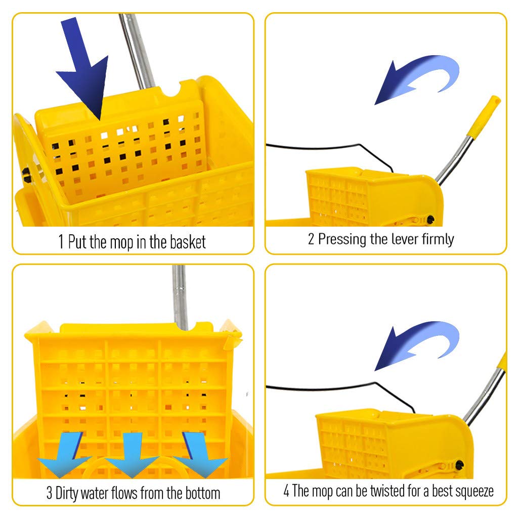 Commercial Mop Bucket with Side Press Wringer on Wheels, 5.28 Gallon Combo Mop Cart Set with Handle for Restaurant Home Floor Cleaning Use, Yellow Color