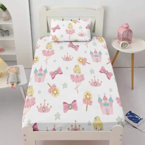 Jeyfull Pink Princess Fitted Sheets Twin for Girls Kids Crown Bed Sheet 2 Pcs 3D Print Flat Sheet with Pillowcase