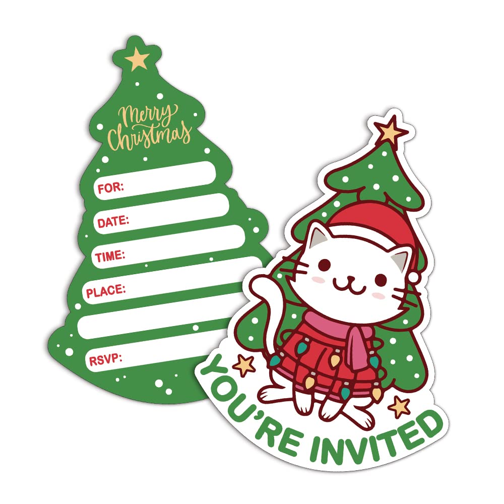 REWIDPARTY Christmas Tree Shaped Fill-in Invitations with Envelopes（Set of 15） Christmas Birthday Party Invitations for Kids Adults Christmas Cookie Swap Party Invites Christmas Party Supplies