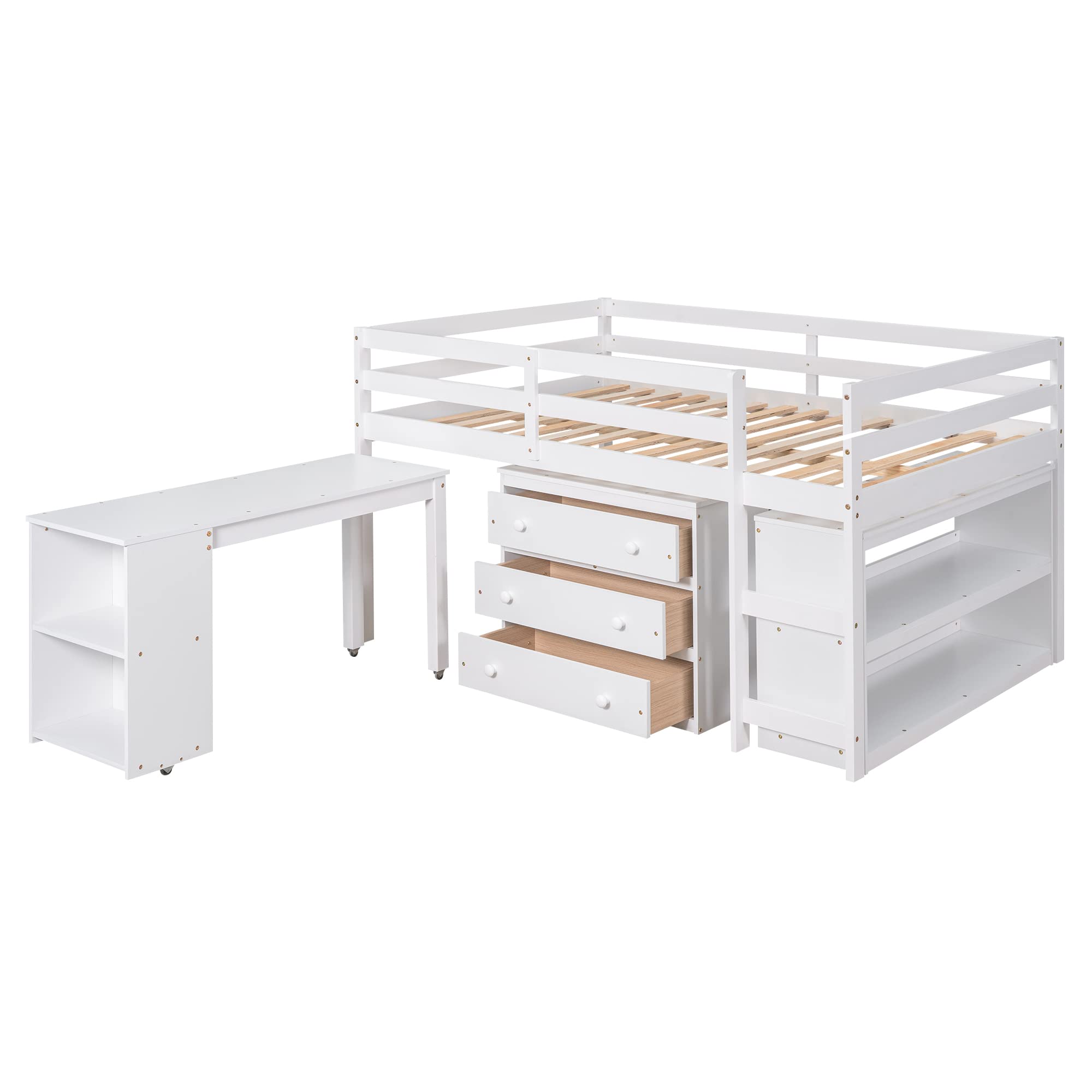 Harper & Bright Designs Low Loft Bed with Desk Underneath Wooden Full Size Kids Loft Bed with Storage Cabinet & Bookshelf,Full Loft Bed Frame for Girls Boys (Full, White)