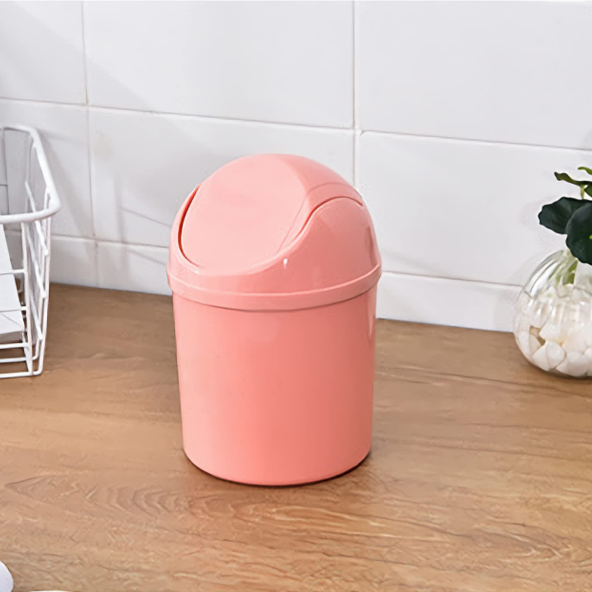 Sheebo 2Pcs Mini Trash Can with Swing Lid Wastebasket Value Packs with 100 Counts Mini Trash Bags for Bathroom Vanity, Desktop, Tabletop or Coffee Table - 2 Liter (Round Cone - Pink + Beige)