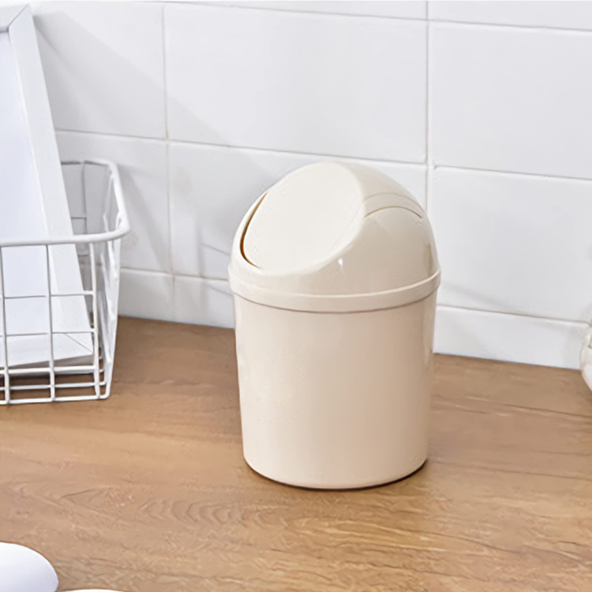 Sheebo 2Pcs Mini Trash Can with Swing Lid Wastebasket Value Packs with 100 Counts Mini Trash Bags for Bathroom Vanity, Desktop, Tabletop or Coffee Table - 2 Liter (Round Cone - Pink + Beige)