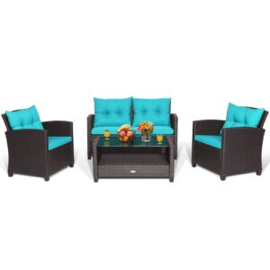 tangkula 4-piece patio furniture set, rattan wicker chair set with 1 loveseat, 2 single sofas, 1 coffee table with tempered glass top, outdoor furniture sets for backyard, porch, garden and poolside