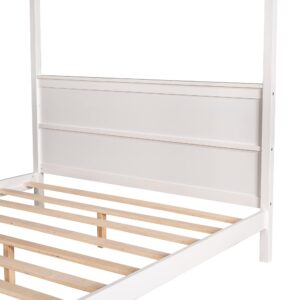 Queen Size Canopy Bed Frame, Solid Wood Queen Platform Bed with Headboard and Slat Support, Modern 4 Poster Panel Bed for Kids, Teens, Adults. No Box Spring Needed (Queen, White)